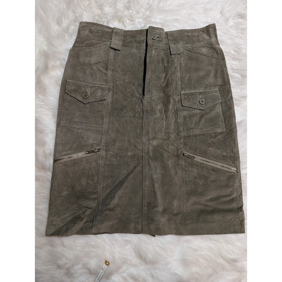 100% Suede Skirt Olive Green Utility Pockets Zip Career Casual Size 8 in‎ Suede - Picture 1 of 11